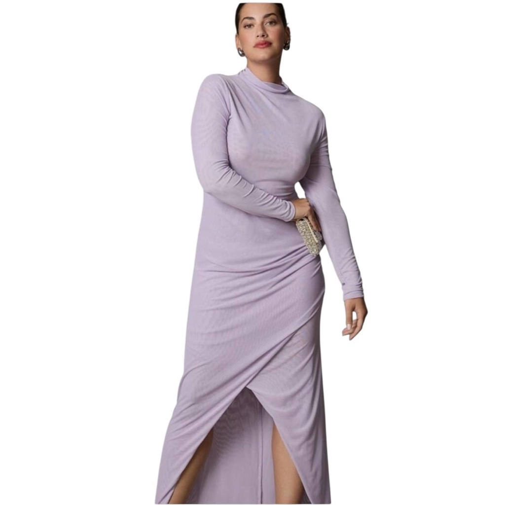 Anthropologie Dress Size 2x Mock-Neck Ruched Mesh Long Sleeve Dress Lavender